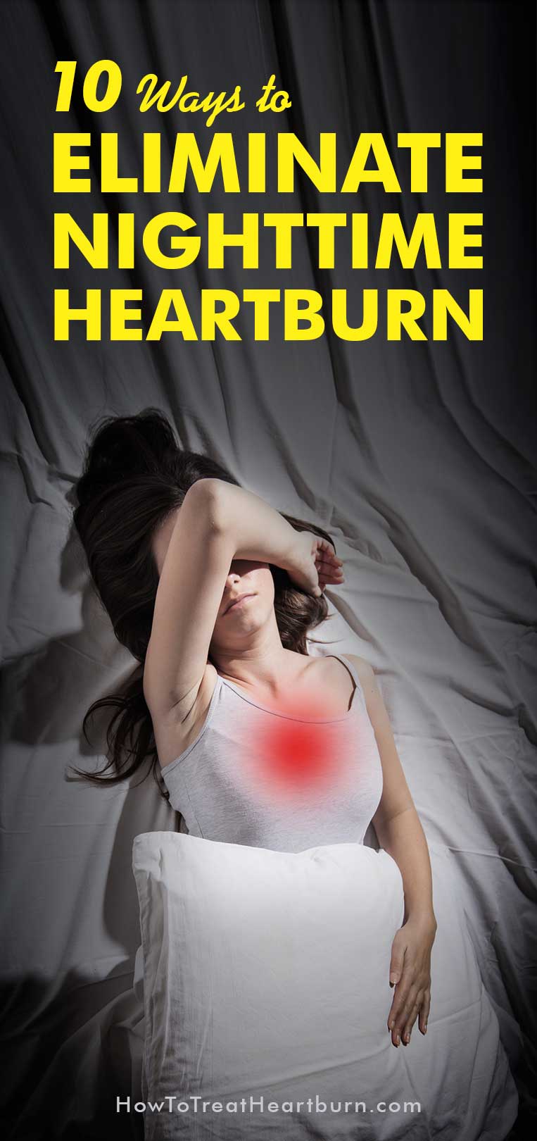 Woman laying in bed with nighttime heartburn.